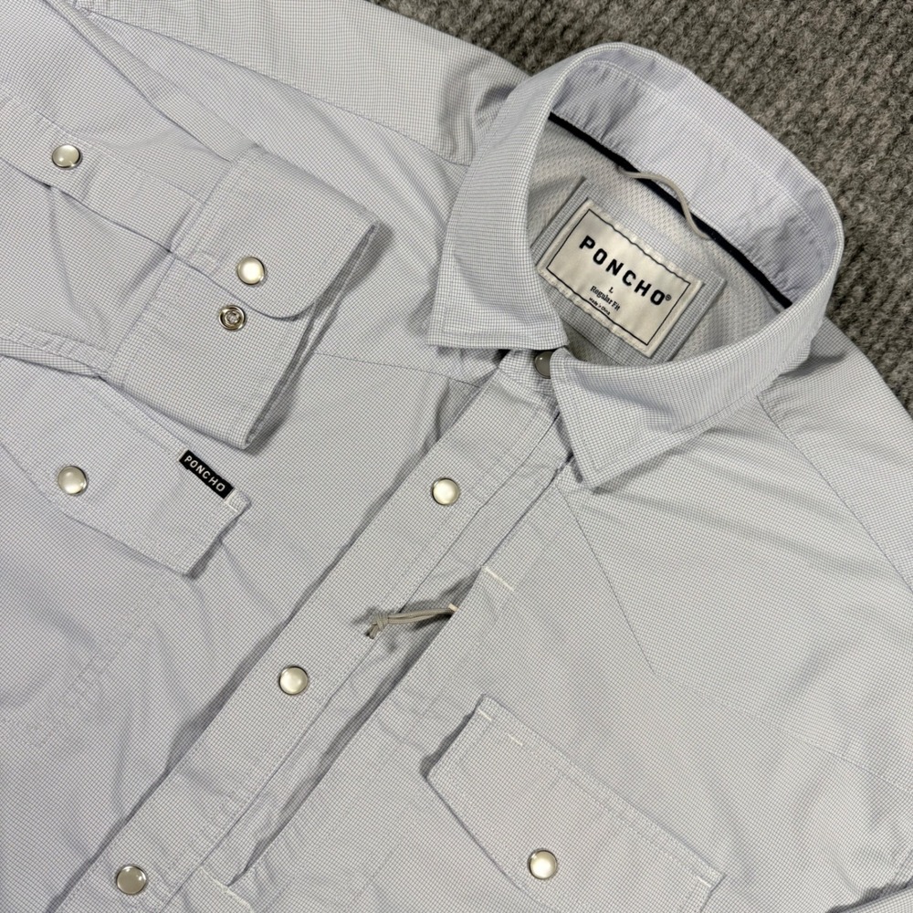 Poncho Outdoors Mens Large Regular Fit Western Fishing Shirt Blue Pearl Snap L